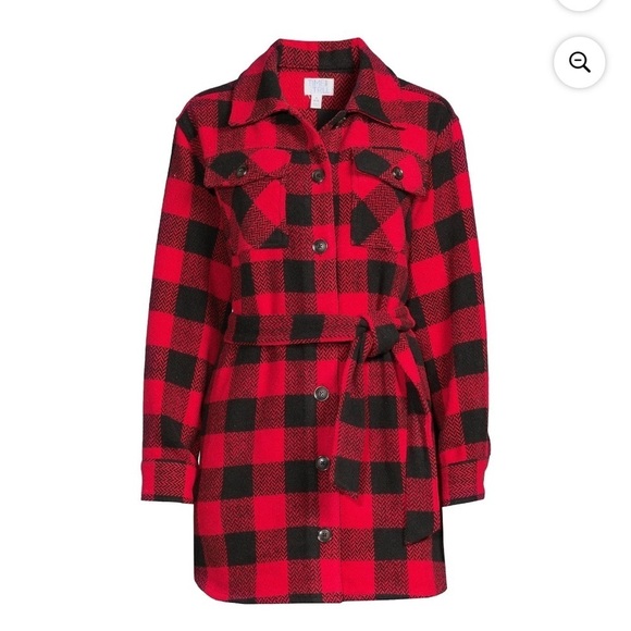 NWT Time and Tru Women's Belted Buffalo Plaid Shacket Coat Red and Black Size L - Picture 1 of 10